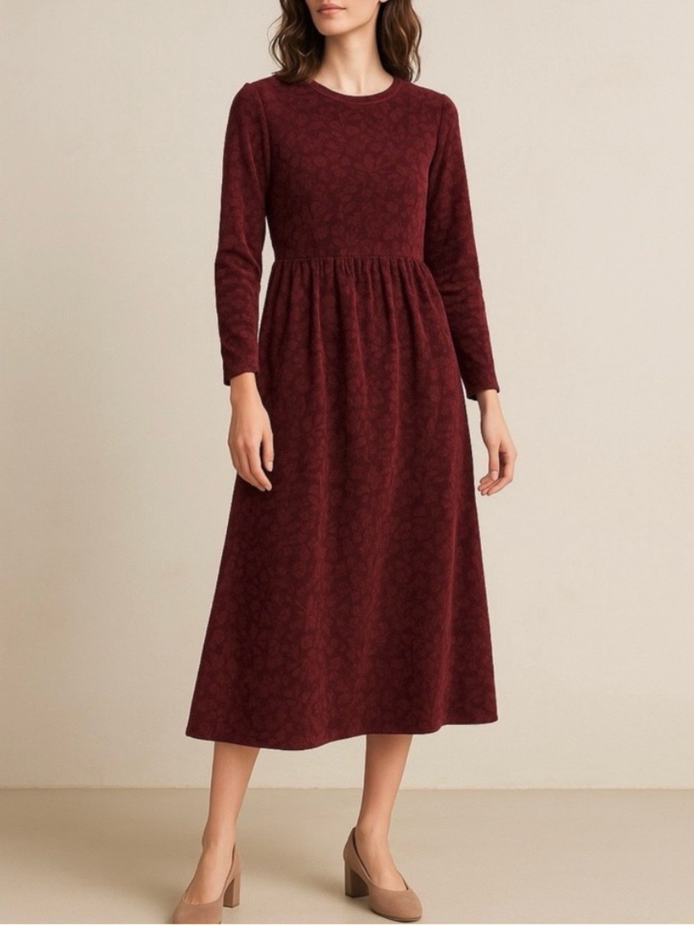 Vintage 90s L.L. Bean Velvet Burgundy Holly Printed Long Sleeve Dress
